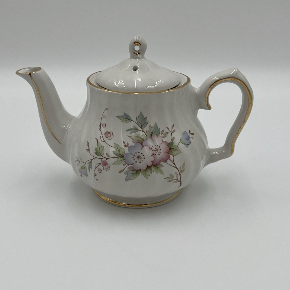 Royal Oak Mini Teapot White Floral Porcelain Gold Trim Ribbed Small Tea Pot